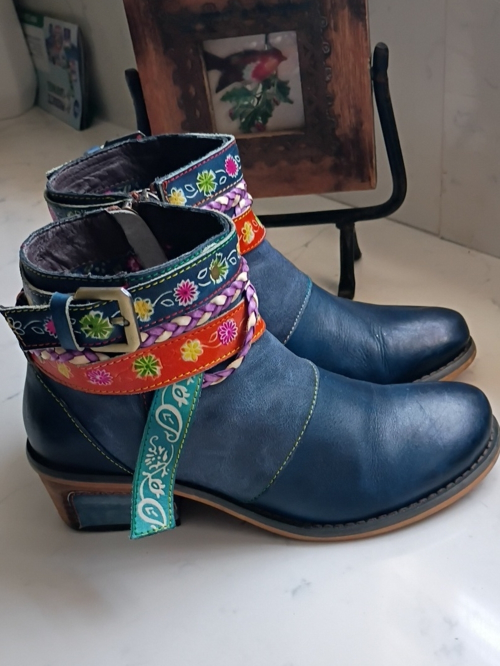 Blue Embroidered Ankle Boots with Colorful Straps - Women Shoes